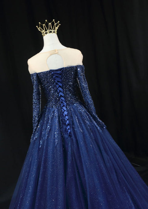 Gothic Navy Blue Off-Shoulder Wedding Dress - Designer Sequin Gown - Long Sleeve Wedding Dress Plus Size